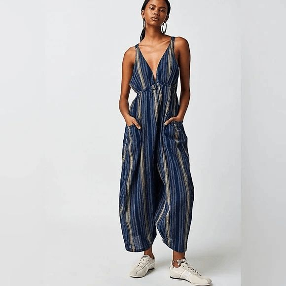 Free People Kind Favor Navy Blue Cotton Wide Leg Romper Jumpsuit Medium - Picture 1 of 12